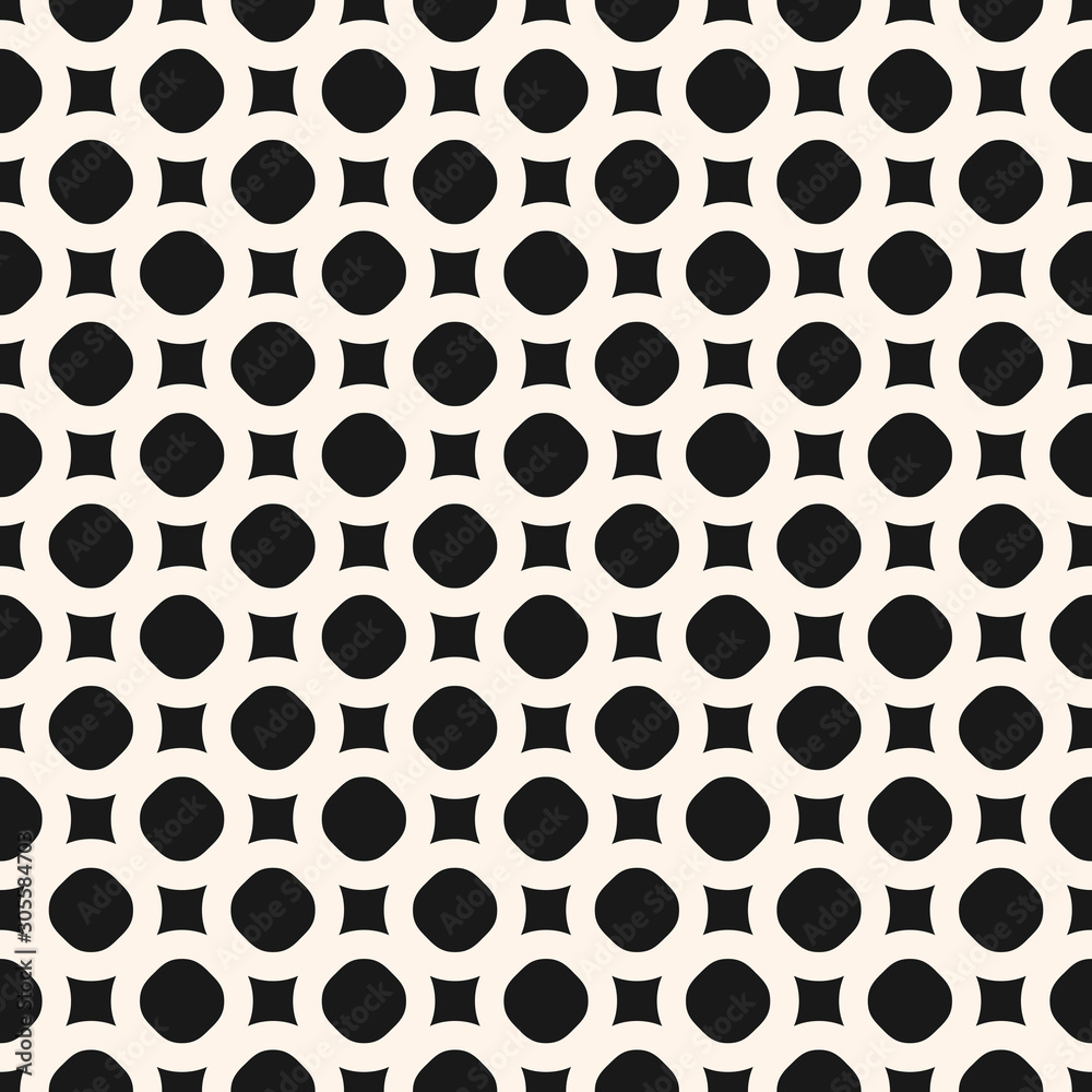 Abstract minimalist geometric background. Black and white seamless pattern with simple geometrical shapes, circles and rounded squares. Modern monochrome texture. Repeat design for decor, prints, web