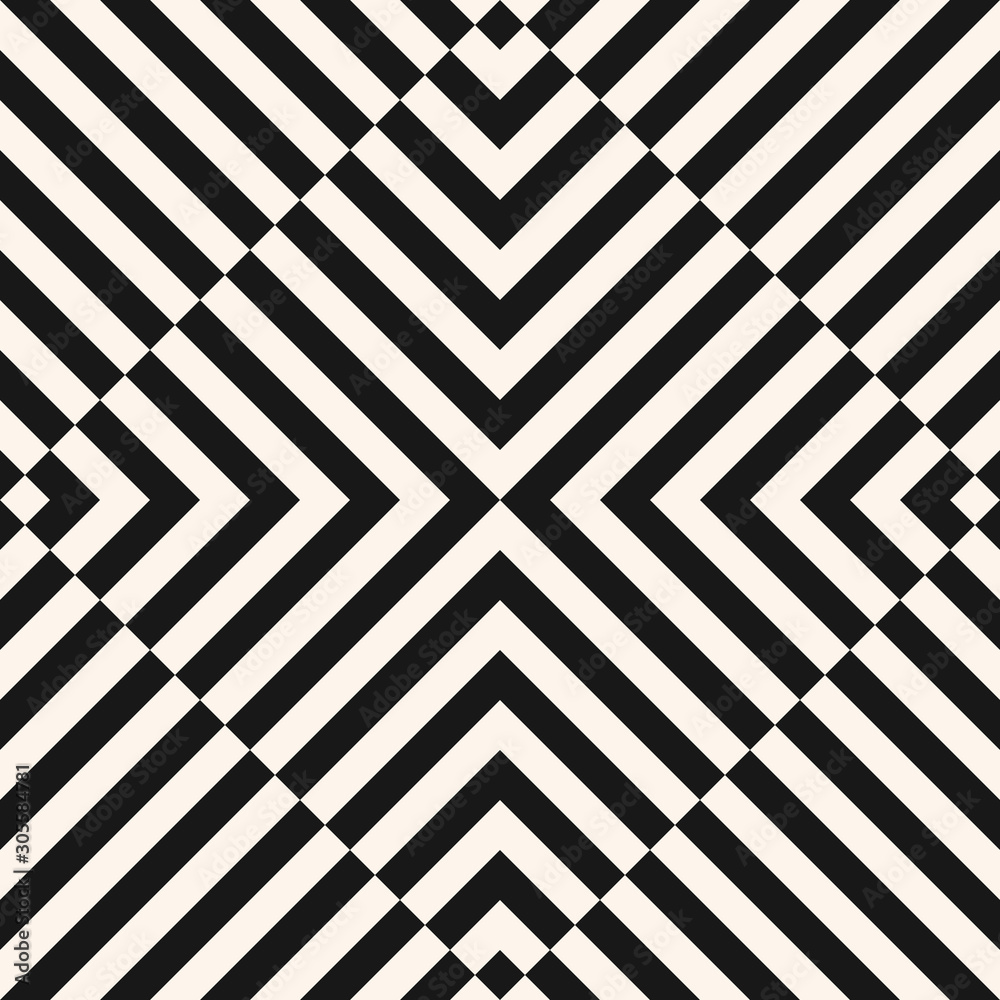 Vector geometric line pattern. Abstract black and white texture with diagonal stripes, lines, square tiles. Optical art. Simple minimal monochrome background. Creative psychedelic repeatable design Vector geometric line pattern. Abstract black and white texture with diagonal stripes, lines, square tiles. Optical art. Simple minimal monochrome background. Creative psychedelic repeatable design