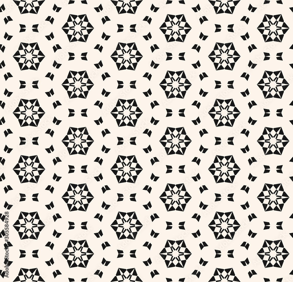 Snowflake seamless pattern. Vector abstract geometric texture with small floral shapes, snow flakes, tiny elements, mesh. Delicate monochrome background. Black and white repeatable ornamental design