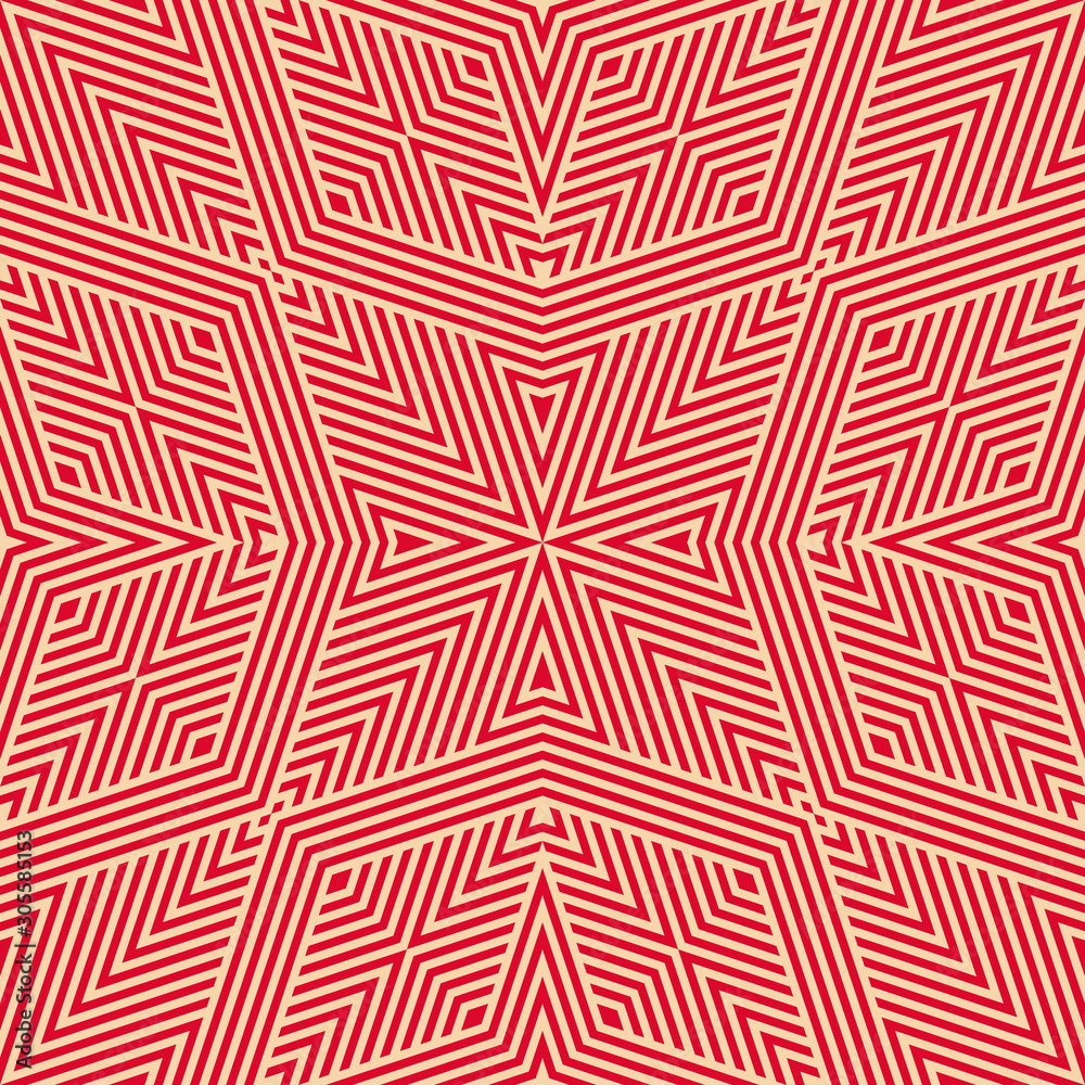 Vector geometric lines pattern. Abstract seamless ornament in red and tan colors. Creative linear background texture with stripes, diagonal lines, triangles, rhombuses, star shapes. Repeat design
