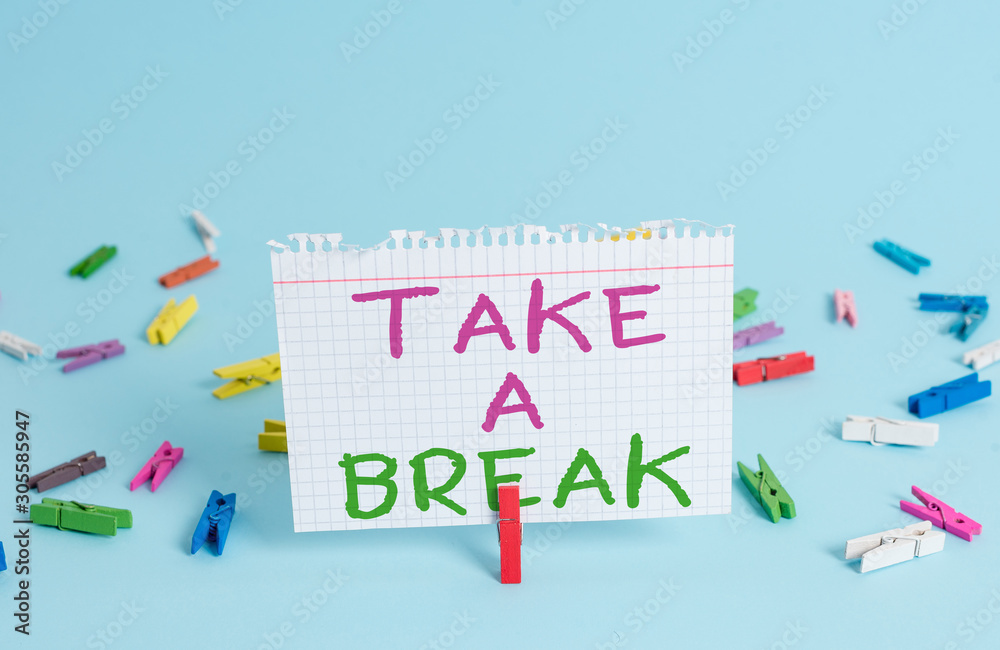 Word writing text Take A Break. Business photo showcasing Resting Stop doing something recreation time get out of work Colored clothespin rectangle square shaped paper light blue background Word writing text Take A Break. Business photo showcasing Resting Stop doing something recreation time get out of work Colored clothespin rectangle square shaped paper light blue background