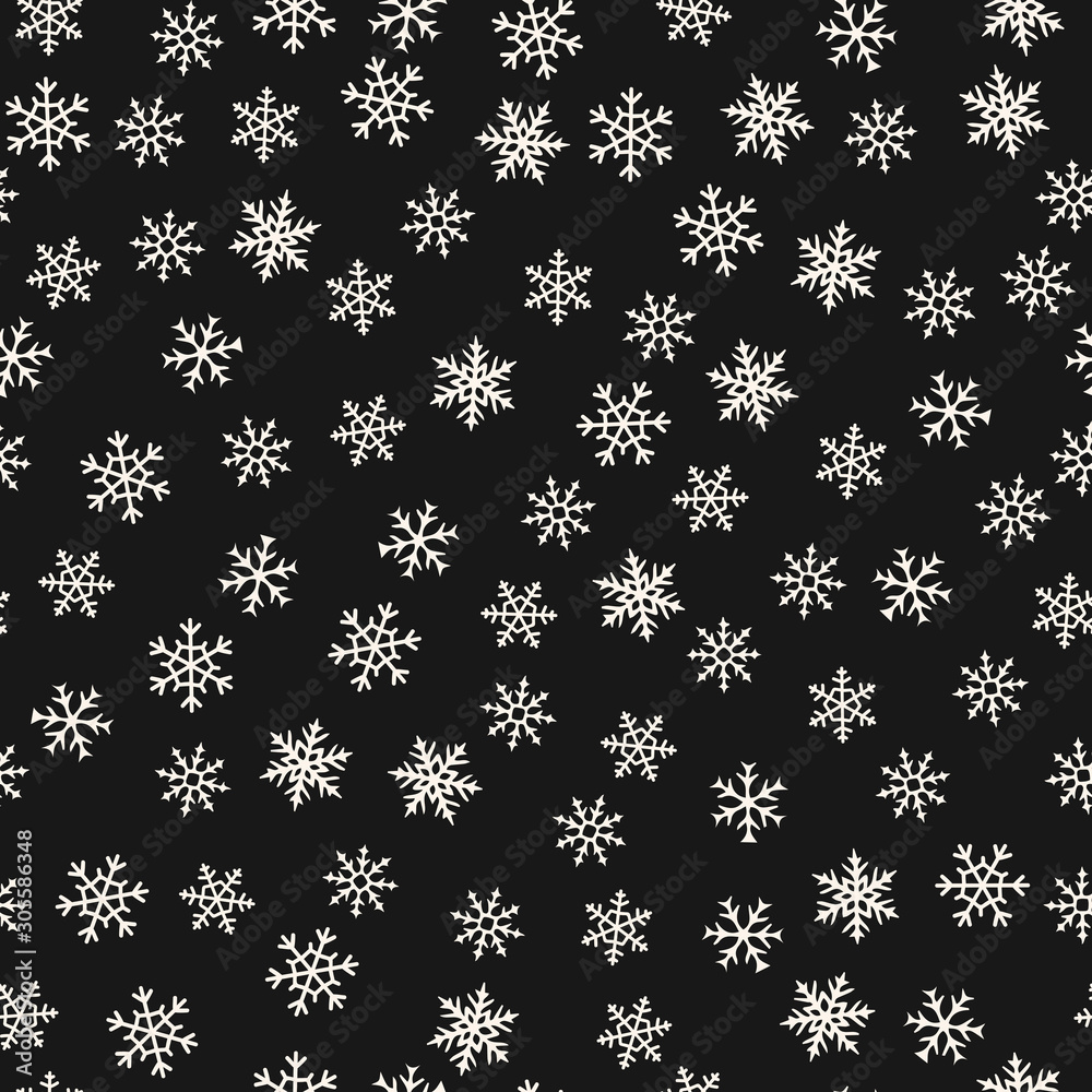 Vector snowflakes pattern. Winter Christmas decorative seamless background with small scattered snow flakes. Abstract black and white texture. Simple minimal monochrome ornament. Dark repeat design Vector snowflakes pattern. Winter Christmas decorative seamless background with small scattered snow flakes. Abstract black and white texture. Simple minimal monochrome ornament. Dark repeat design