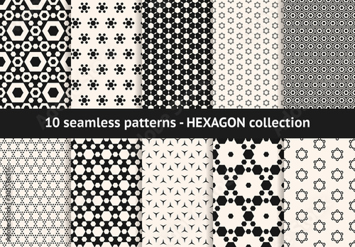 Hexagon pattern collection. Vector geometric seamless textures with hex shapes, honeycombs, hexagonal grid. Set of black and white minimal abstract background swatches. Monochrome repeatable design