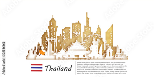 Thailand Travel postcard, poster, tour advertising of world famous landmarks in paper cut style. Vectors illustrations
