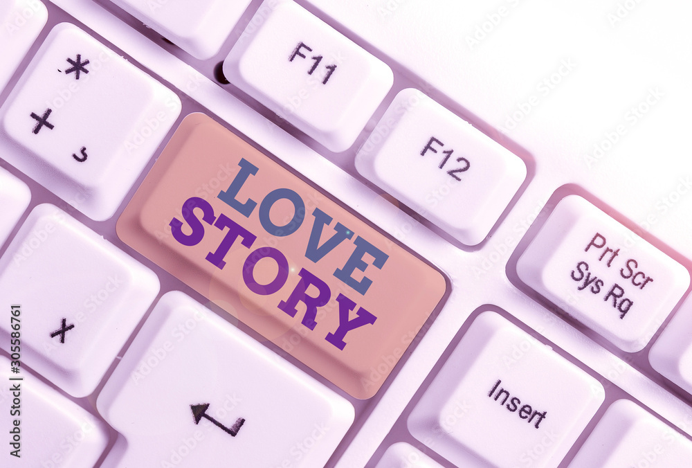 Handwriting text writing Love Story. Conceptual photo it is something such as a novel or movie about a love affair White pc keyboard with empty note paper above white background key copy space Handwriting text writing Love Story. Conceptual photo it is something such as a novel or movie about a love affair White pc keyboard with empty note paper above white background key copy space