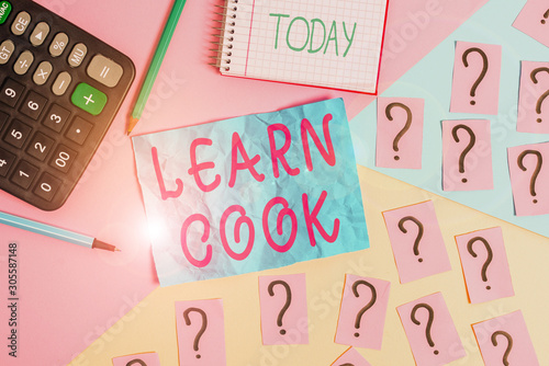 Handwriting text writing Learn Cook. Conceptual photo gaining knowledge or acquiring skills in culinary or food Mathematics stuff and writing equipment above pastel colours background