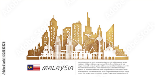 Malaysia Travel postcard, poster, tour advertising of world famous landmarks in paper cut style. Vectors illustrations