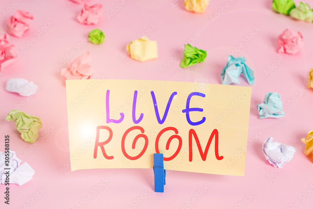 Word writing text Live Room. Business photo showcasing the room in a house or apartment that is used for relaxing in Colored crumpled papers empty reminder pink floor background clothespin Word writing text Live Room. Business photo showcasing the room in a house or apartment that is used for relaxing in Colored crumpled papers empty reminder pink floor background clothespin