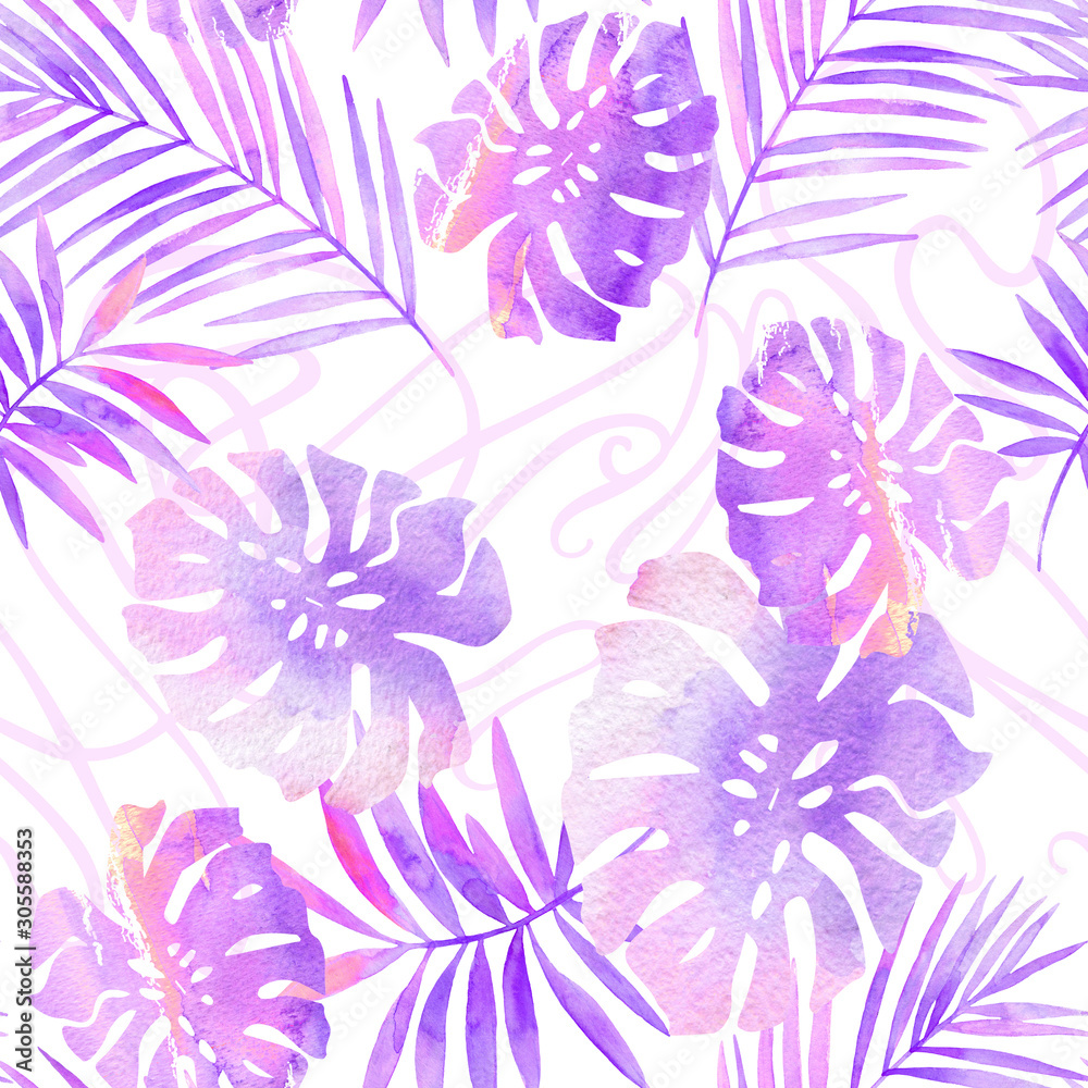 Fototapeta premium Watercolor botanical illustration: tropical leaves silhouettes on tracery background.