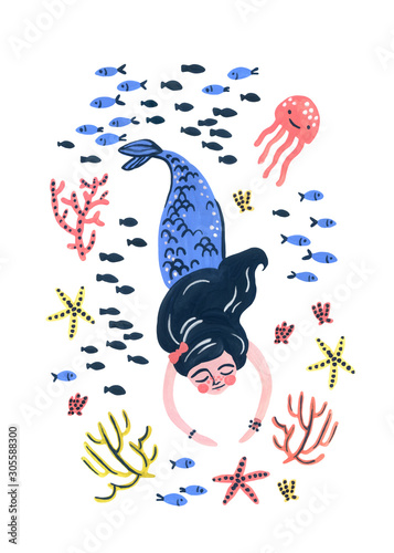 Dekoracja na wymiar  plakat-akwarela-slodkie-syreny-ryby-meduzy-i-rosliny-morskie