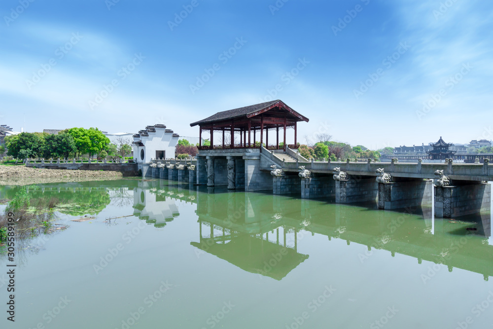 Village and road Bridge along the xin 'an river in anhui, China