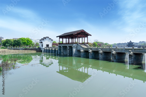 Village and road Bridge along the xin 'an river in anhui, China