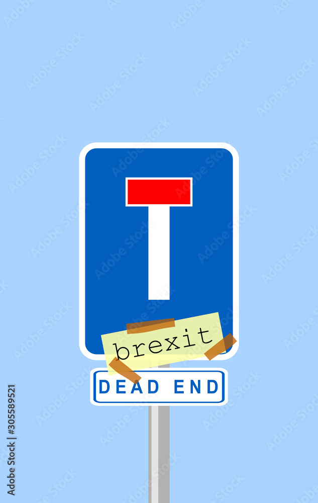 EU, UK. Illustration. Poster of the separation of the United Kingdom from the European Union. BREXIT concept. Paper pasted on traffic signal, road sign of dead end street, policy.