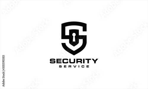 Combination of the shield logo with the key forms the letter S. Template security logo design concept.