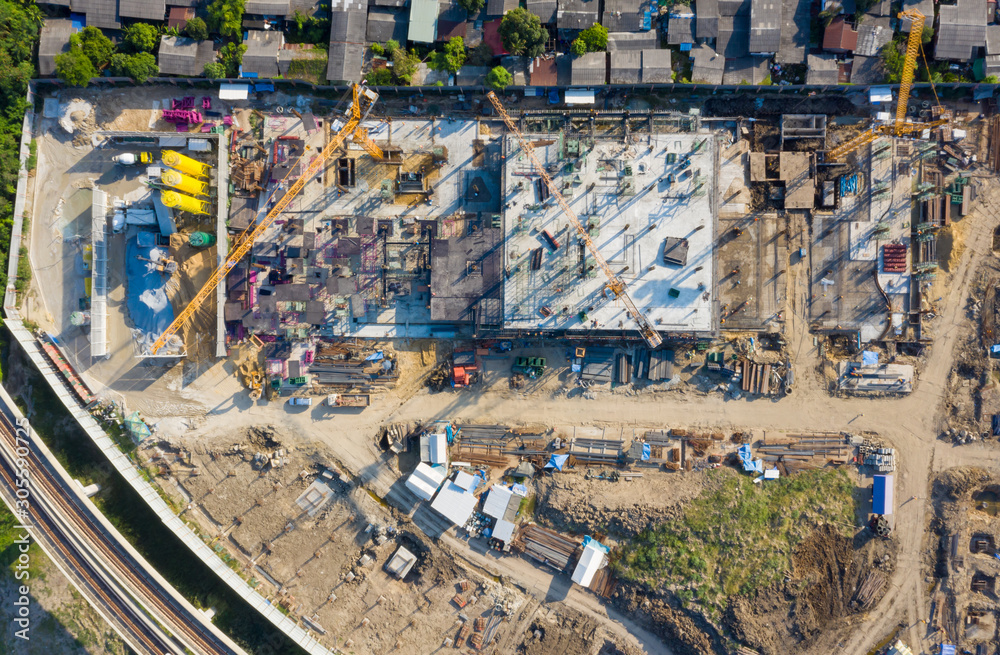 Time lapse Big Construction site and rail track. Aerial footage top view
