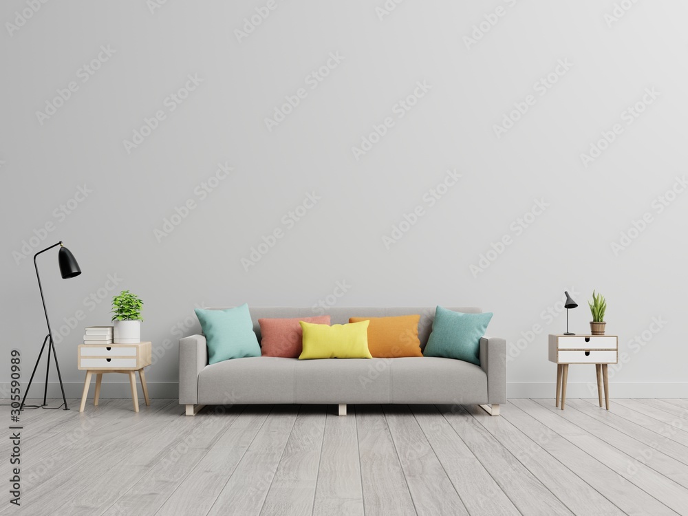 Empty living room with sofa in simple living room interior. Stock