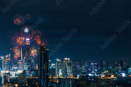 city view and Bangkok with beautiful fireworks