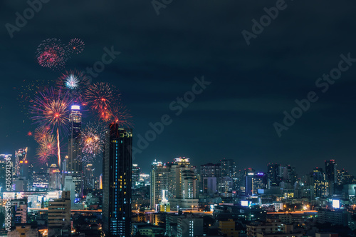city view and Bangkok with beautiful fireworks © banlai