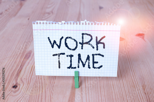 Word writing text Work Time. Business photo showcasing period starts when temporary workers are engaged at a worksite Empty reminder wooden floor background green clothespin groove slot office