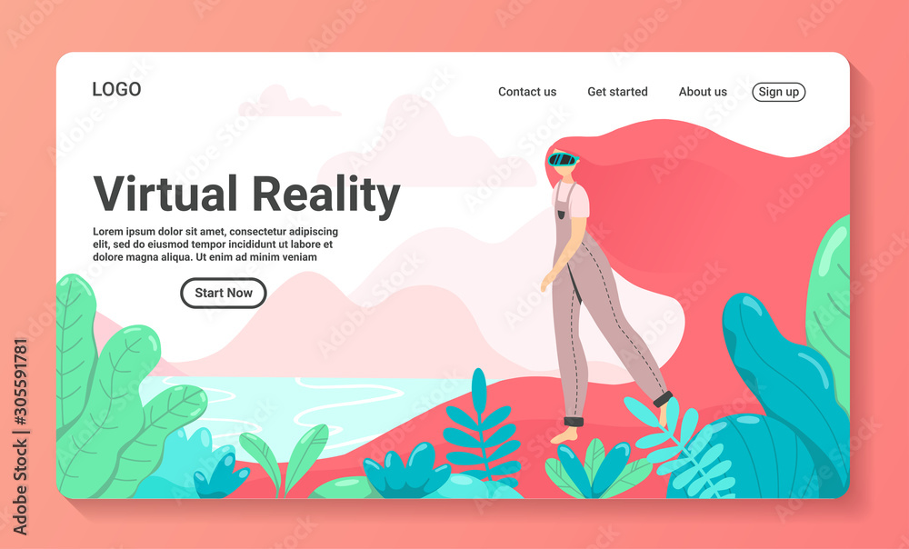 VR virtual reality concept girl augmented glasses landing page vector flat illustration background