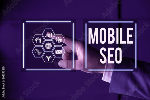 Writing note showing Mobile Seo. Business concept for process of optimizing a website to rank for mobile searches Picture photo network scheme with modern smart device