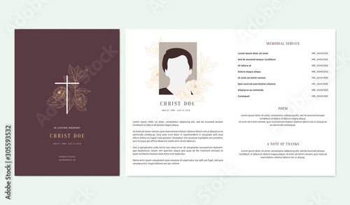 Floral memorial and funeral invitation card template design, magnolia and leaves, scarlet and orange tones