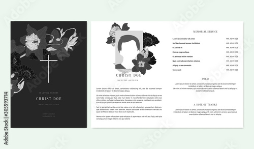 Floral memorial and funeral invitation card template design, daffodils and poppies, dark grey tones
