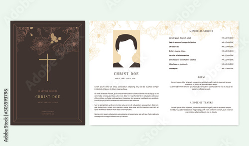 Floral memorial and funeral invitation card template design, outline various flowers, brown tone