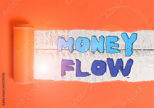 Word writing text Money Flow. Business photo showcasing the increase or decrease in the amount of money a business Cardboard which is torn in the middle placed above a wooden classic table photo