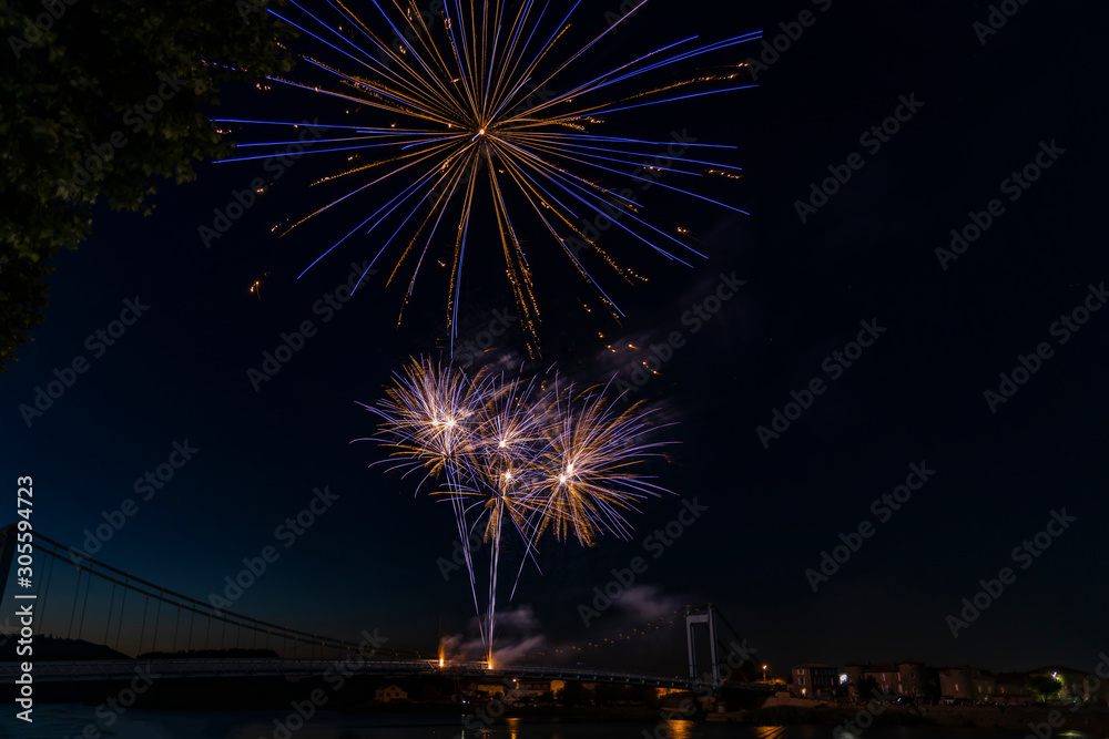 Fireworks light up on a dark sky background in France.