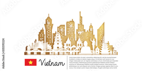 Vietnam with Gold Travel postcard, poster, tour advertising of world famous landmarks in paper cut style. Vectors illustrations