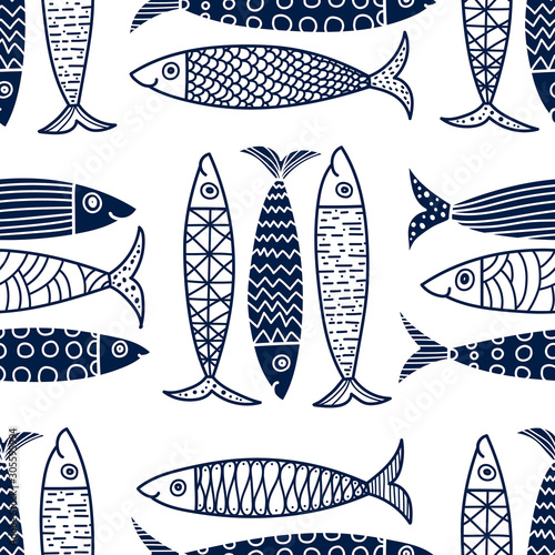Cute fish.  Kids line background. Seamless pattern. Can be used in textile industry, paper, background, scrapbooking.