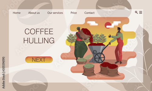 Hulling coffee. Black man and woman clean coffee beans from the pulp in huller. Bags with berries and green beans. Agricultural work. Flat cartoon style. Website concept, landing page design template