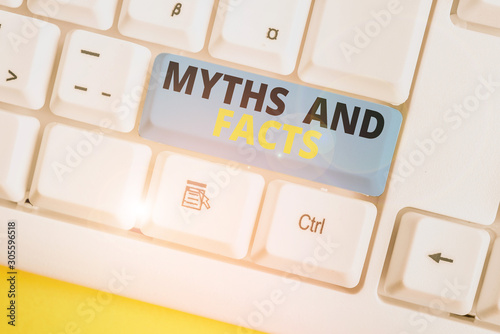 Text sign showing Myths And Facts. Business photo text Oppositive concept about modern and ancient period White pc keyboard with empty note paper above white background key copy space photo