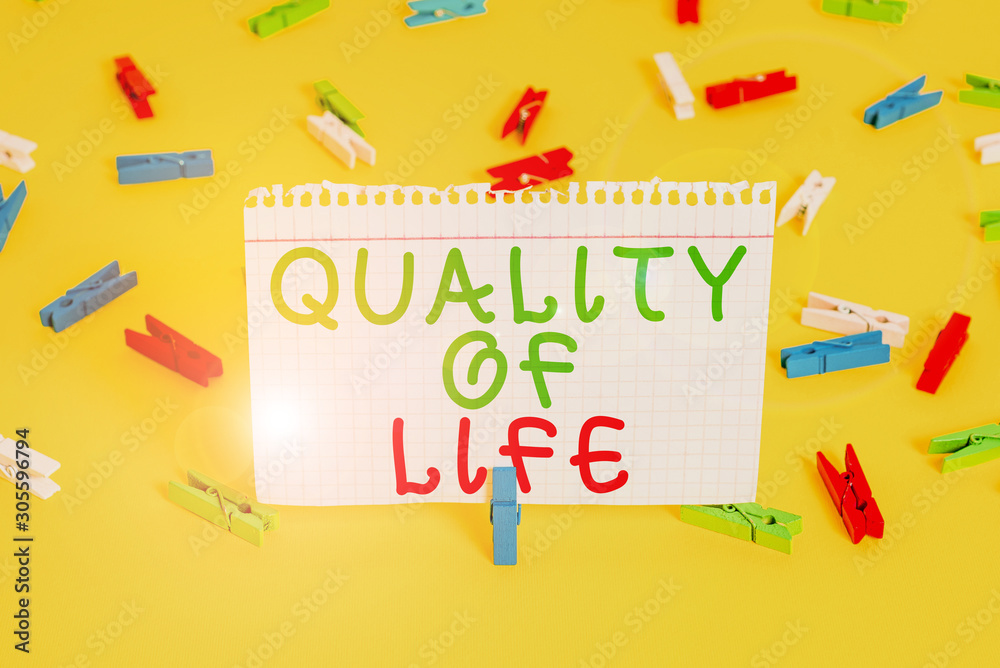 Handwriting text Quality Of Life. Conceptual photo being in good health decent job Enjoying every moment Colored clothespin papers empty reminder yellow floor background office Handwriting text Quality Of Life. Conceptual photo being in good health decent job Enjoying every moment Colored clothespin papers empty reminder yellow floor background office