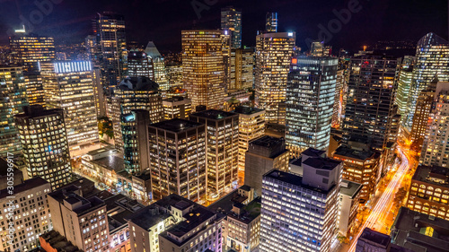Vancouver, British Columbia, Canada. Aerial city view of downtown, taken during a chill night after a beautiful sunset.