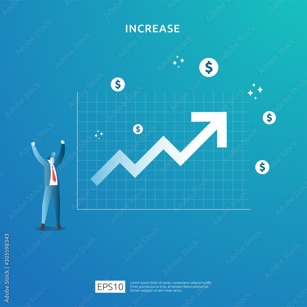 business profit growth, sale grow margin revenue with dollar symbol. income salary rate increase concept illustration with people character and arrow. Finance performance of return on investment ROI