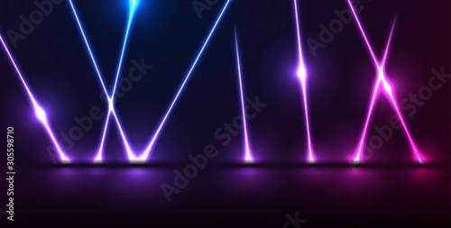 Blue and purple neon laser lines. Abstract rays technology retro background. Futuristic glowing graphic design. Modern vector illustration