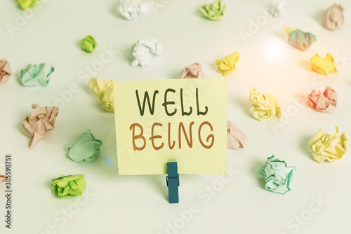 Word writing text Well Being. Business photo showcasing A good or satisfactory condition of existence including health Colored crumpled papers empty reminder white floor background clothespin © Artur