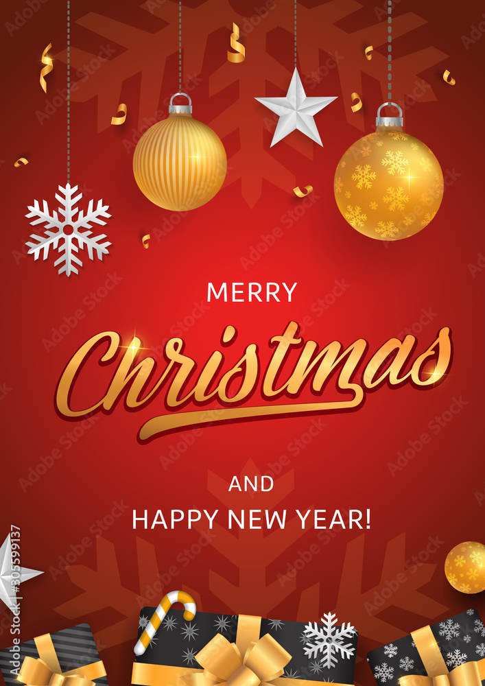 Merry Christmas and Happy New Year red background design illustration with gold decoration elements and calligraphy text