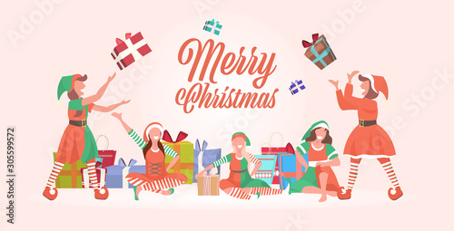 female elves team throwing gift present boxes merry christmas happy new year winter holidays celebration concept greeting card horizontal full length vector illustration
