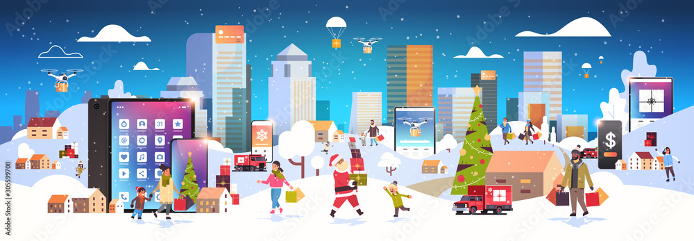 people with shopping bags walking outdoor using online mobile app mix race characters preparing for christmas new year holidays winter cityscape background horizontal banner vector illustration