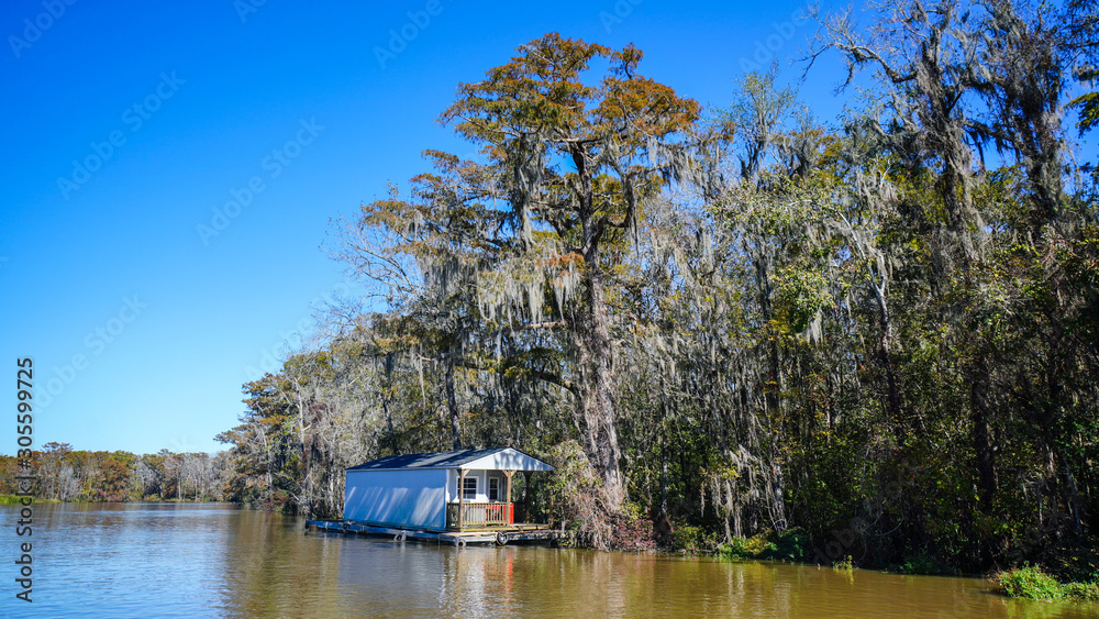 Fish camp in a flooded swamp in Louisiana Fish camp in a flooded swamp in Louisiana
