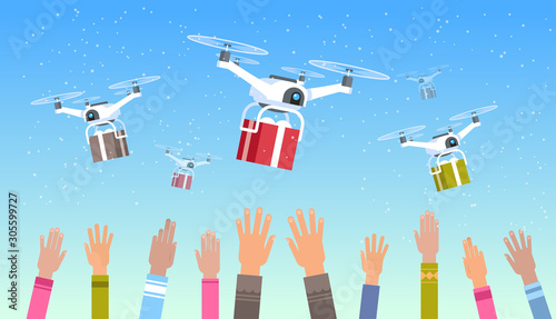 mix race human hands raised up drones delivering gift present boxes sky transportation shipping air mail express delivery concept horizontal vector illustration