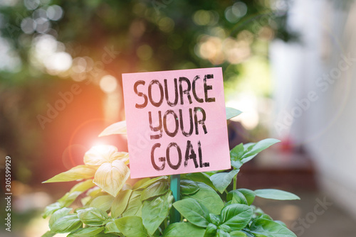 Text sign showing Source Your Goal. Business photo showcasing work on your dreams and determine how to do that Set list Plain empty paper attached to a stick and placed in the green leafy plants