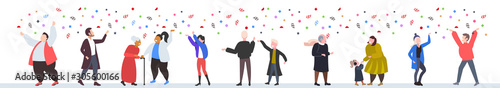people celebrating merry christmas happy new year winter holidays concept men women standing together having confetti party horizontal full length vector illustration