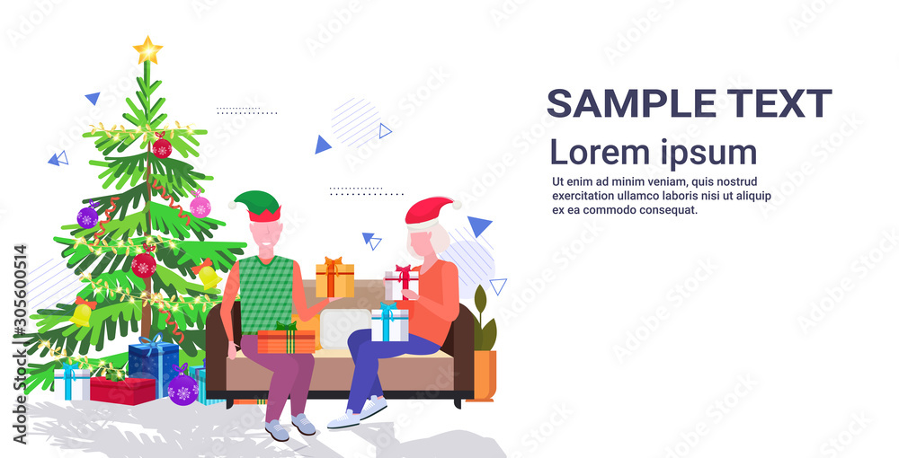 senior man in elf hat giving present gift box to mature woman family sitting on couch celebrating merry christmas happy new year winter holidays concept full length copy space horizontal vector