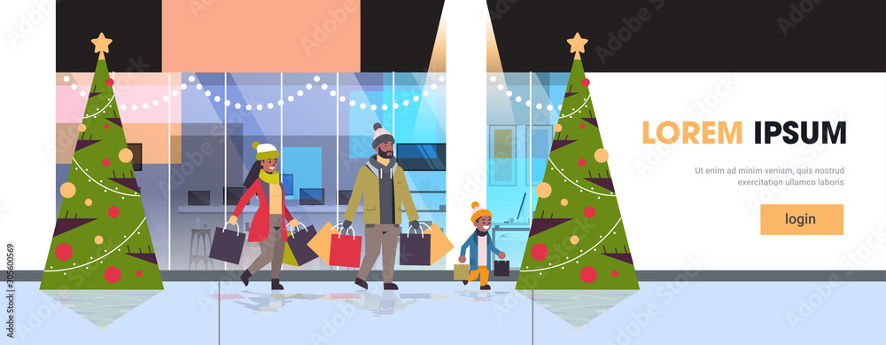 family walking with colorful paper bags merry christmas happy new year shopping concept parents with child holding purchases modern mall exterior horizontal full length copy space vector illustration