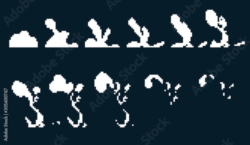 Pixel art cloud of smoke. Game icons set. Comic boom flame effects for emotion.