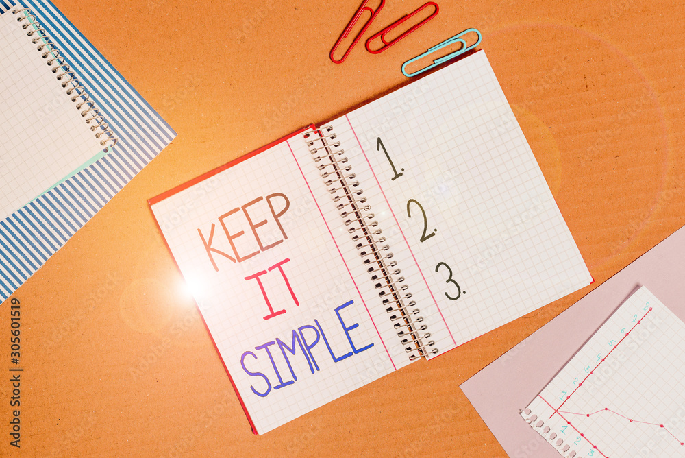 Conceptual hand writing showing Keep It Simple. Concept meaning Easy to toss around Understandable Generic terminology Striped paperboard cardboard office study supplies chart Conceptual hand writing showing Keep It Simple. Concept meaning Easy to toss around Understandable Generic terminology Striped paperboard cardboard office study supplies chart